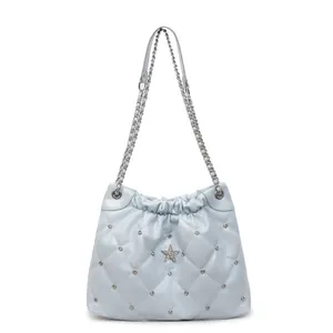 Light blue quilted crossbody bag with diamond star embellishment and silver chain strap