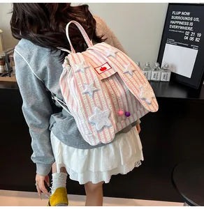 Detail view of pink and white striped backpack with plush stars and rabbit ear flap