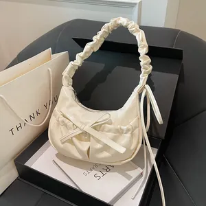 Women Fashion Pleated Underarm Bag With Bow Metallic PU Leather Shoulder Bag Half Moon Hobo Bag For Commuting Daily Wear