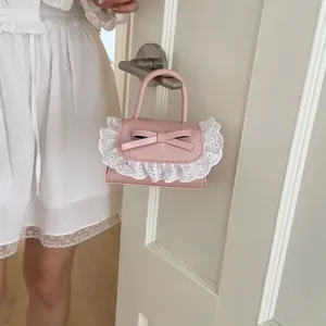 Sweet Lolita Style Mini PU Crossbody Bag Women Lace Bow Decor Handbag Small Square Shoulder Bag Elegant Lady Purse