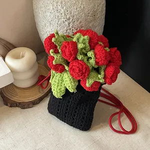 Bolso para Teléfono Móvil de Ganchillo Hecho a Mano con Rosas de Algodón Mini Bolso Bandolera Estilo Pastoral Dulce para Mujer