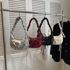 Chic pleated croissant underarm bags in silver, burgundy, black and white leather