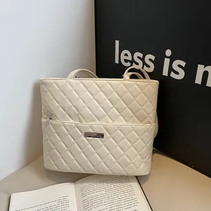 Women Quilted Rhombic Tote Bag Large Capacity PU Leather Commute Shoulder Backpack With Silver Metal Logo For Daily
