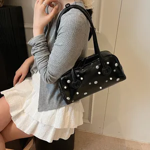 Retro black shoulder bag with celestial silver studs and pearls for women