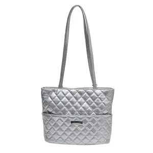 Chic silver quilted tote bag with large capacity and double handles for daily commute