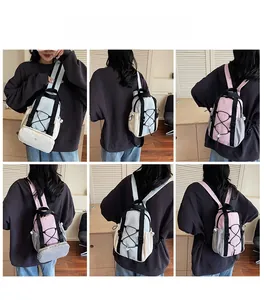 Detailed multi-angle views of modular outdoor backpack in pink and light blue colorways