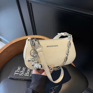 Women's Fashion Underarm Bag PU Leather Solid Color Crinkle Texture Shoulder Bag With Metal Chain And Charms Vintage Style