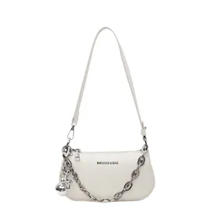 Minimalist white pleated underarm bag with silver chain detail and sleek shoulder strap