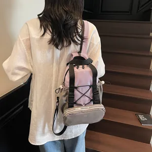 Outdoor sporty purple and grey backpack with multi-functional pockets and drawstrings