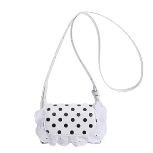 Elegant white lace polka dot mini shoulder bag for women with sweet ruffled edges
