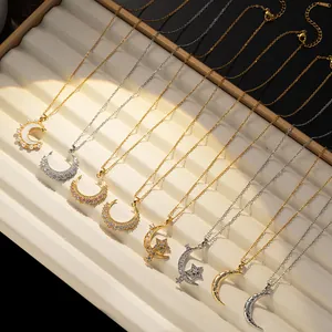 Elegant Titanium Steel Star Moon Pendant Necklace For Women Zirconia Shell Pearl Inlaid Gold Silver Plated Jewelry Gift