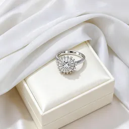 Detailed view of silver sunflower ring with shimmering zircon petals on white leather case