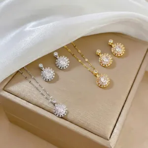 Rotating Sunflower Zirconia Jewelry Set Titanium Steel Gold Silver Plated Necklace Stud Earrings Adjustable Ring Women Jewelry