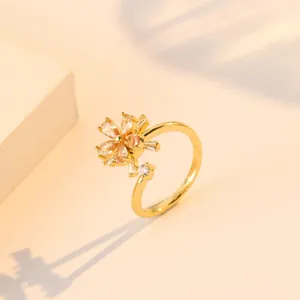 Elegant 18K gold flower open ring featuring champagne zircon petals and micro-pavé crystals