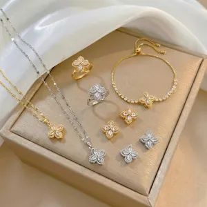 Titanium Steel Flower Necklace Earrings Ring Bracelet With Zirconia Inlay Gold Silver Plated Elegant Fashion Jewelry For Women