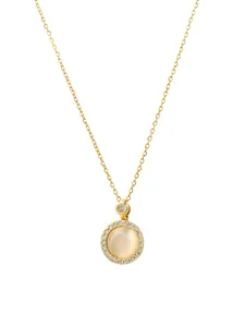 Close-up of gold titanium necklace with rotating cat eye stone and zircon micro-pave pendant