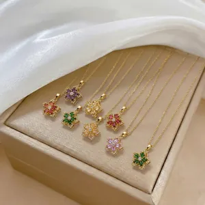 Rotating Flower Pendant Necklace For Women Titanium Steel Copper Zirconia Inlaid Fashion Commuting Jewelry Gift