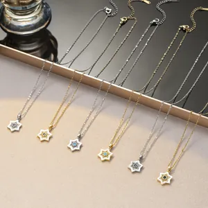 Vintage Stainless Steel Hexagram Pendant Necklace For Women Alloy Zirconia Shell Star Of David Clavicle Chain Jewelry Gift