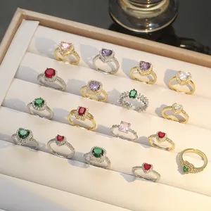 Bague Ouverte Réglable en Zircone de Luxe Forme Cœur Carré Rond pour Femme Bijoux Minimalistes en Alliage Plaqué Or Argent