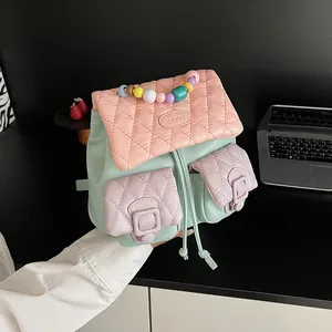Women's Mini Fashion Backpack Quilted PU Leather Macaron Color Block Bag With Colorful Beads Handle Drawstring Flap Daypack