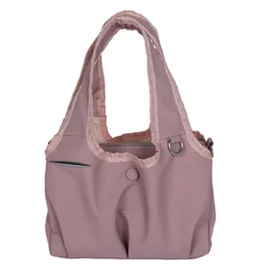 Large capacity lotus pink nylon tote bag for women with shoulder strap and metal detail
