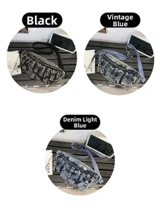 Trois variantes de sac banane en denim à poches multiples en noir, bleu vintage et clair