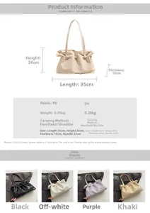 Detailed size chart and multi-color options for oil wax leather ruffled shoulder bag