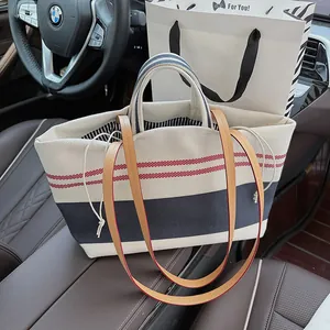 Women Large Capacity Canvas Tote Bag Casual Nautical Contrast Stripe Shoulder Bag Urban Simple Handbag For Daily Shopping Travel