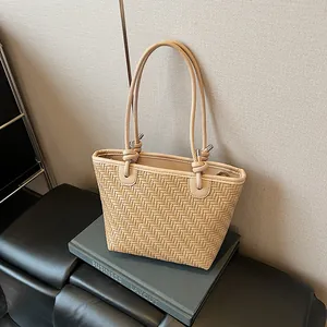 Woven Texture Tote Bag For Women PU Leather Minimalist Shoulder Bag With Detachable Strap Fashion Commuting Handbag
