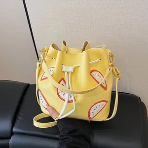 Women PU Leather Fruit Pattern Bucket Bag Fashion Drawstring Shoulder Bag Large Capacity Crossbody Bag For Daily Use Lady