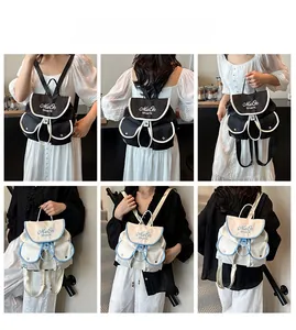 Detailed views of the nylon drawstring backpack showing the flap and pockets from various angles
