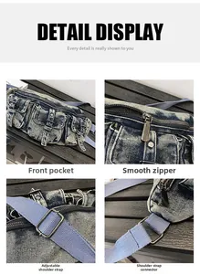 Détails d'un sac de poitrine en jean avec poches avant, boucles en métal et sangle réglable