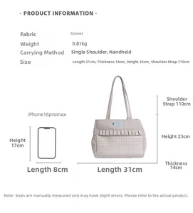 Guide des tailles du cabas en toile avec dimensions 31x14x23cm et comparaison iPhone