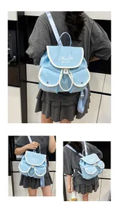 Detailed views of light blue nylon backpack with white piping and MuOn Shark embroidery