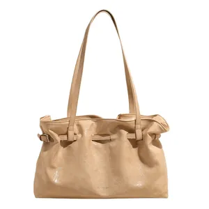 Large capacity apricot tote bag with textured wrinkled leather and chic shoulder strap