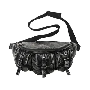 Sac banane en denim noir délavé vintage avec plusieurs poches et sangle réglable