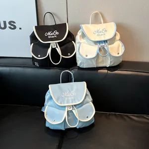Minimalist drawstring nylon backpack in three colors with cute bear embroidery detail