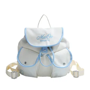 Minimalist nylon drawstring backpack in white and blue featuring cute bear embroidery