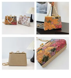 Detail of vintage sequin shell bag with floral embroidery and pearl handle strap