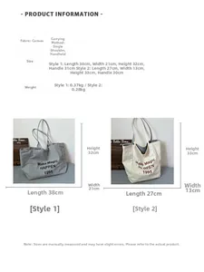 Size chart for canvas tote bag with large capacity showing dimensions and weight metrics