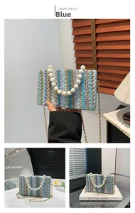 Detail of blue woven crossbody bag featuring a large pearl handle and gold chain strap