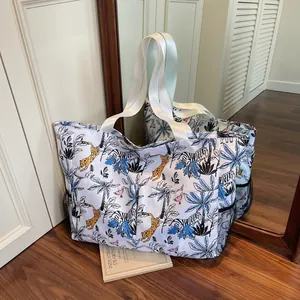 Bolso Tote de Tela Oxford con Estampado Floral de Gran Capacidad para Mujer Bolso de Mano de Viaje con Múltiples Bolsillos