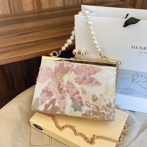 Vintage Floral Sequin Embroidery Evening Bag With Artificial Pearl Handle Gold Chain Strap Luxury Handbag For Women Banquet Party