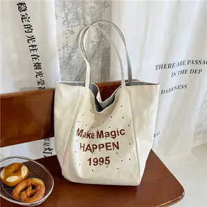 Women Large Capacity Canvas Tote Bag Letter Print Striped Harajuku Shoulder Bag Fashion Handbag For School Daily Commute