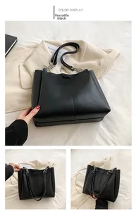 Detailed views of versatile black faux leather tote bag with silver chain straps and stitching