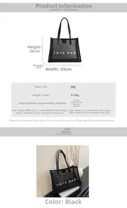 Dimensiones detalladas de bolso tote de malla negra con texto blanco y datos PVC