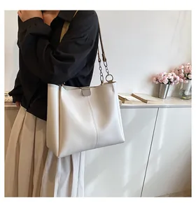 Detailed view of white PU leather tote bag with chain strap worn by a female model