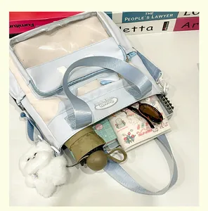 Blue and white cat tote bag detail showing large PVC window and spacious interior storage