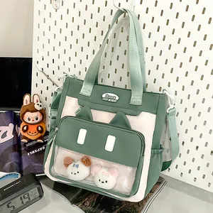 Kawaii Cat Ears Ita Bag Nylon Transparent Window Tote Bag Cute Color Block Anime Shoulder Bag Japanese Crossbody Bag For Women