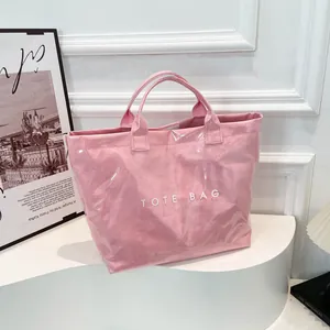 Women Fashion PVC Waterproof Tote Bag Large Capacity Crinkle Texture Letter Print Handbag Double Strap Shoulder Bag For Daily Use
